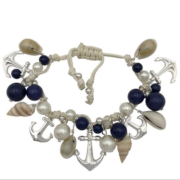 Anchor & Sea Shell Charm Beaded Pull Tie Thread Bracelet - Picture 1 of 2